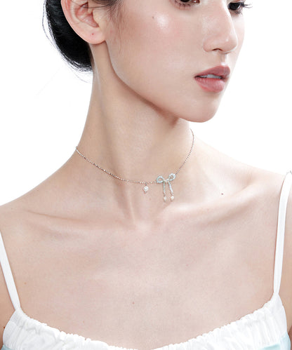 Elegant Blue Crystal Bow Pearl Silver Choker