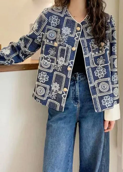 Chic Blue Embroidered Sequins Denim Coats Spring
