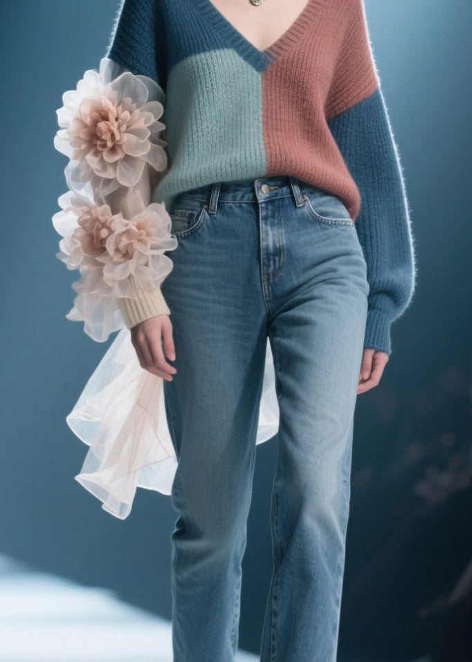 Chic Colorblock V Neck Floral Knit Pullover Fall