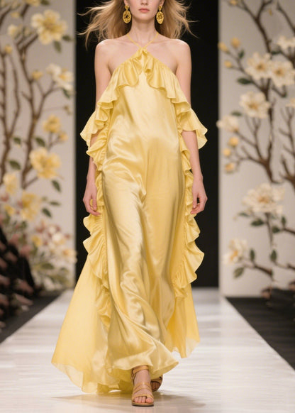 Beautiful Yellow Ruffles Cold Shoulder Silk Halter Dress Summer