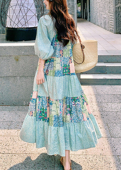 Bohemian Blue Print Side Open Patchwork Cotton Maxi Dresses Half Sleeve
