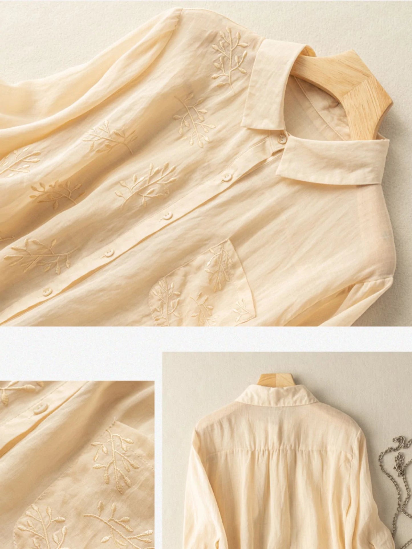 Embroidered 3/4 Sleeve Casual Linen Shirt Top With A Patch Pocket