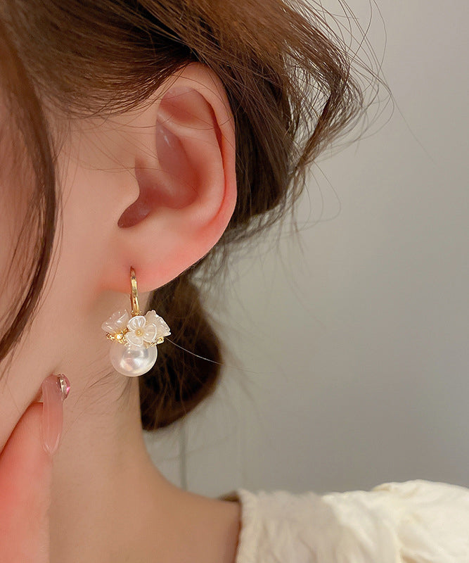 Cute Gold Alloy Zircon Pearl Floral Hoop Earrings