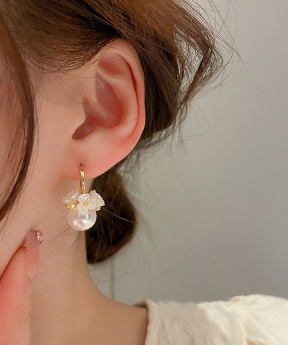 Cute Gold Alloy Zircon Pearl Floral Hoop Earrings