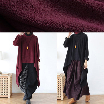 high neck red knit sweat tops plus size clothing asymmetric hem knit blouse