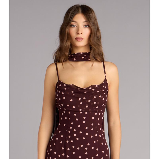 Burgundy Polka Dot Spaghetti Strap Mermaid Maxi Dress | Vintage Draped Ruffle Evening Gown