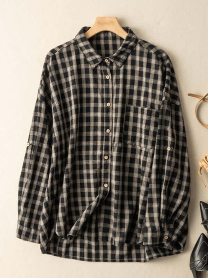 Natural Fabric Classic Plaid Style Casual Loose Shirt