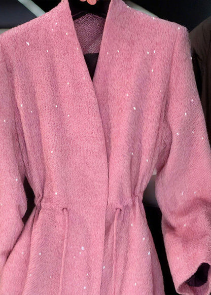 Chic Pink V Neck Sequins Drawstring Coat Fall