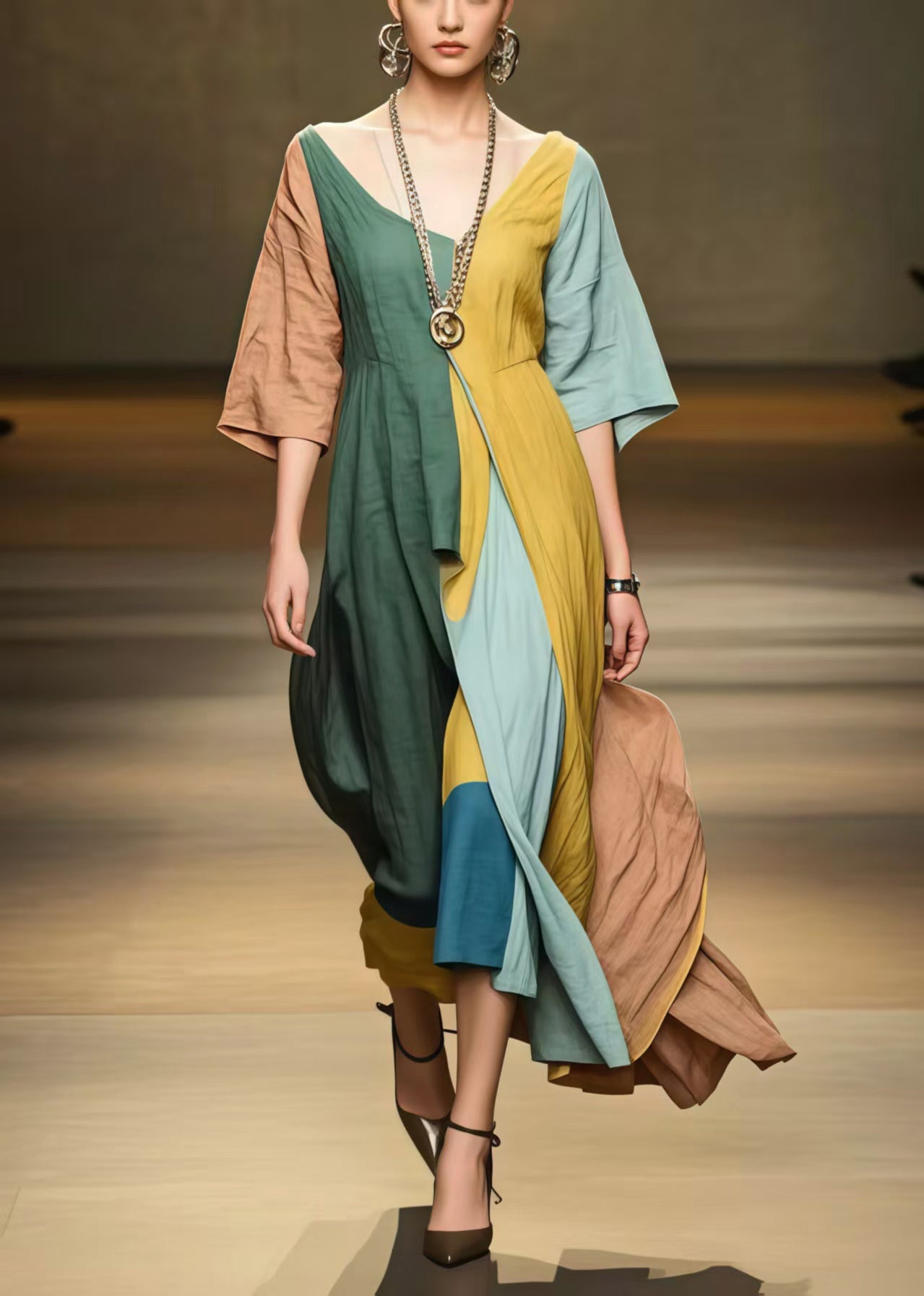 Ethnic Style Asymmetrical Patchwork Applique Cotton Long Dress Half Sleeve