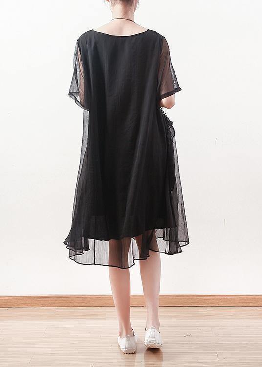 Italian black chiffon dresses Casual o neck Cinched long summer Dress