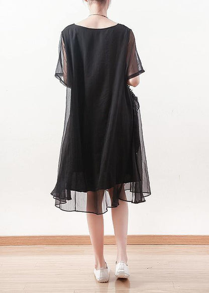 Italian black chiffon dresses Casual o neck Cinched long summer Dress