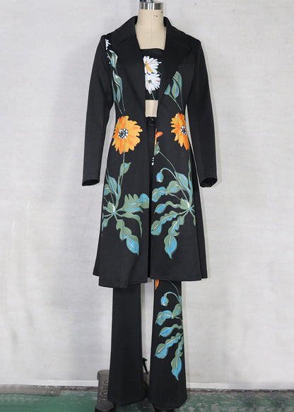 Fashion Black Notched Print Coats ,Tube Top And Pants Three Pieces Set Spring