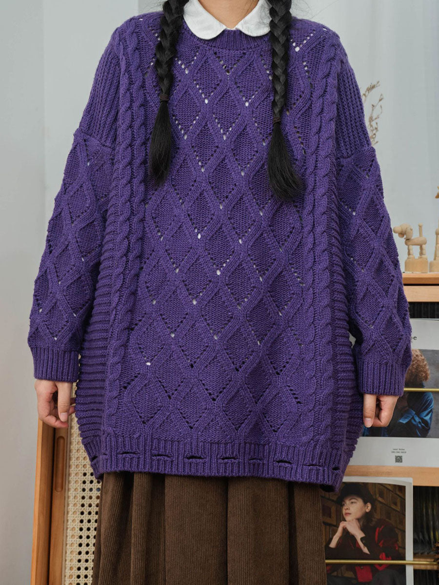 Women Winter Artsy Rhomboids Knitted Loose Sweater