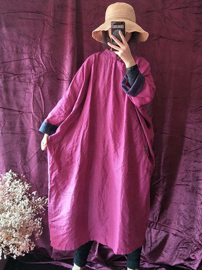 Vintage Solid Embroidery Linen Breasted Loose Dress