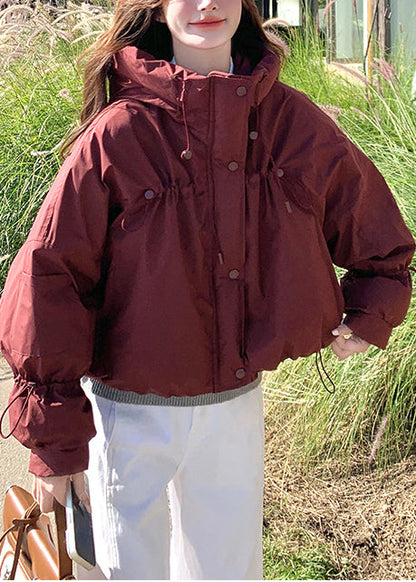 Beautiful Red Stand Collar Drawstring Duck Down Puffer Jacket Winter