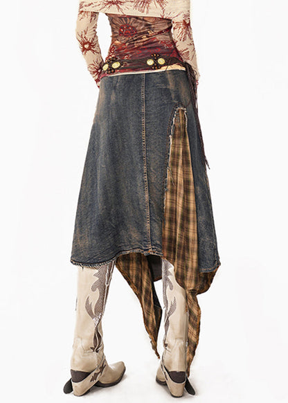 Vintage Blue Plaid Patchwork Denim Maxi Skirts