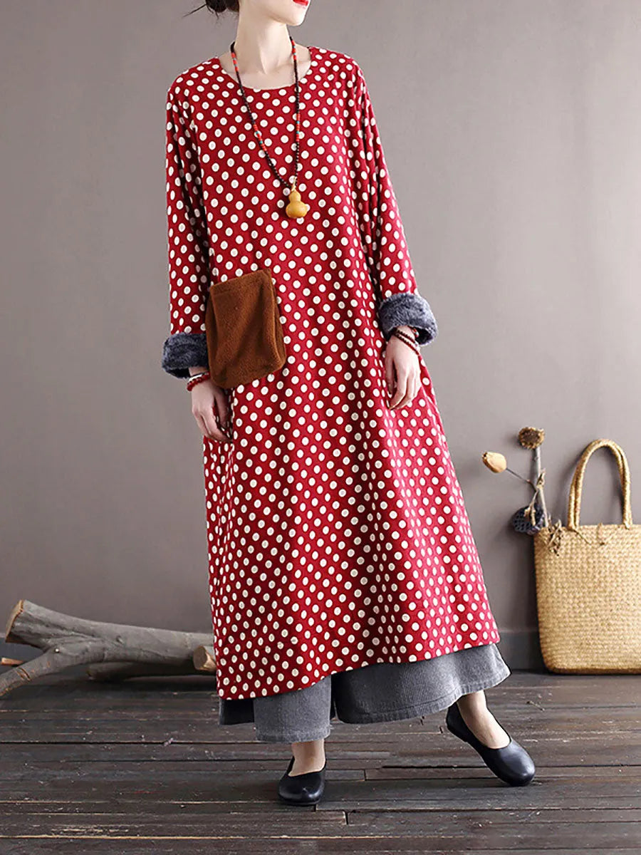 Women Vintage Dot Pocket Loose Thick Dress