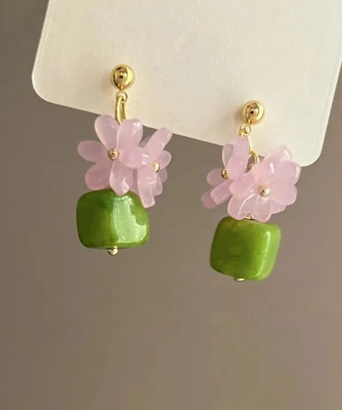 Stylish Green Alloy Resin Floral Block Drop Earrings