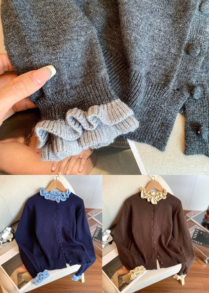Vintage Coffee Ruffled Button Patchwork Knit Coats Winter