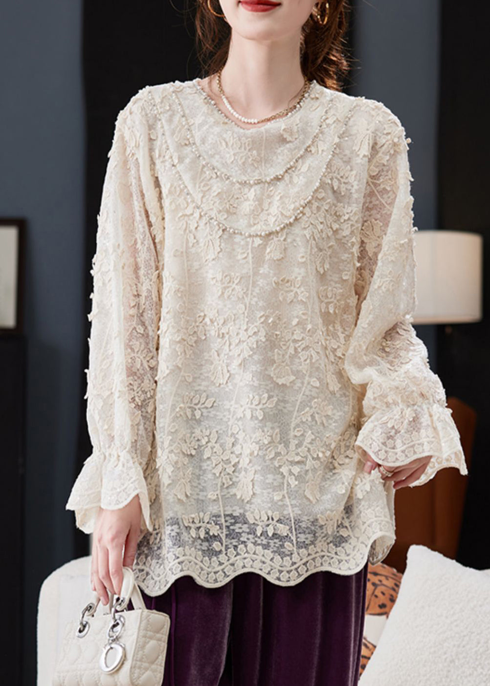 Loose Beige O-Neck Sequins Nail Bead Shirt Spring