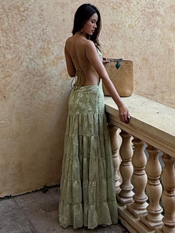 Light Green Jacquard Open-Back Tiered Maxi Dress Set