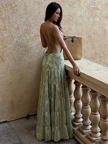 Light Green Jacquard Open-Back Tiered Maxi Dress Set