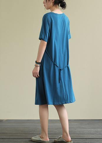 Bohemian o neck Cinched Cotton summer dress Sewing blue Dresses