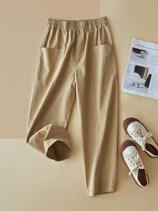 100% Natural Fabric Solid Color High Waist Loose Art Ladies Casual Pants