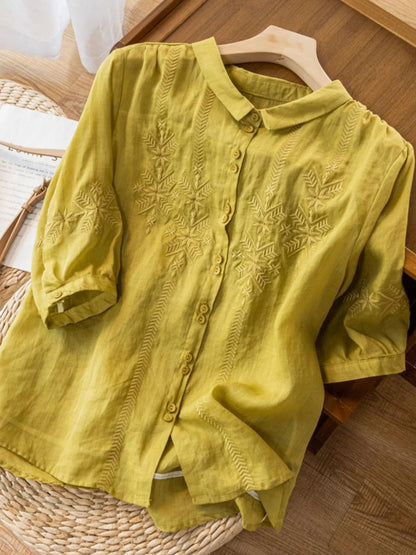 Embroidered Half Sleeve Casual Linen Shirt Top