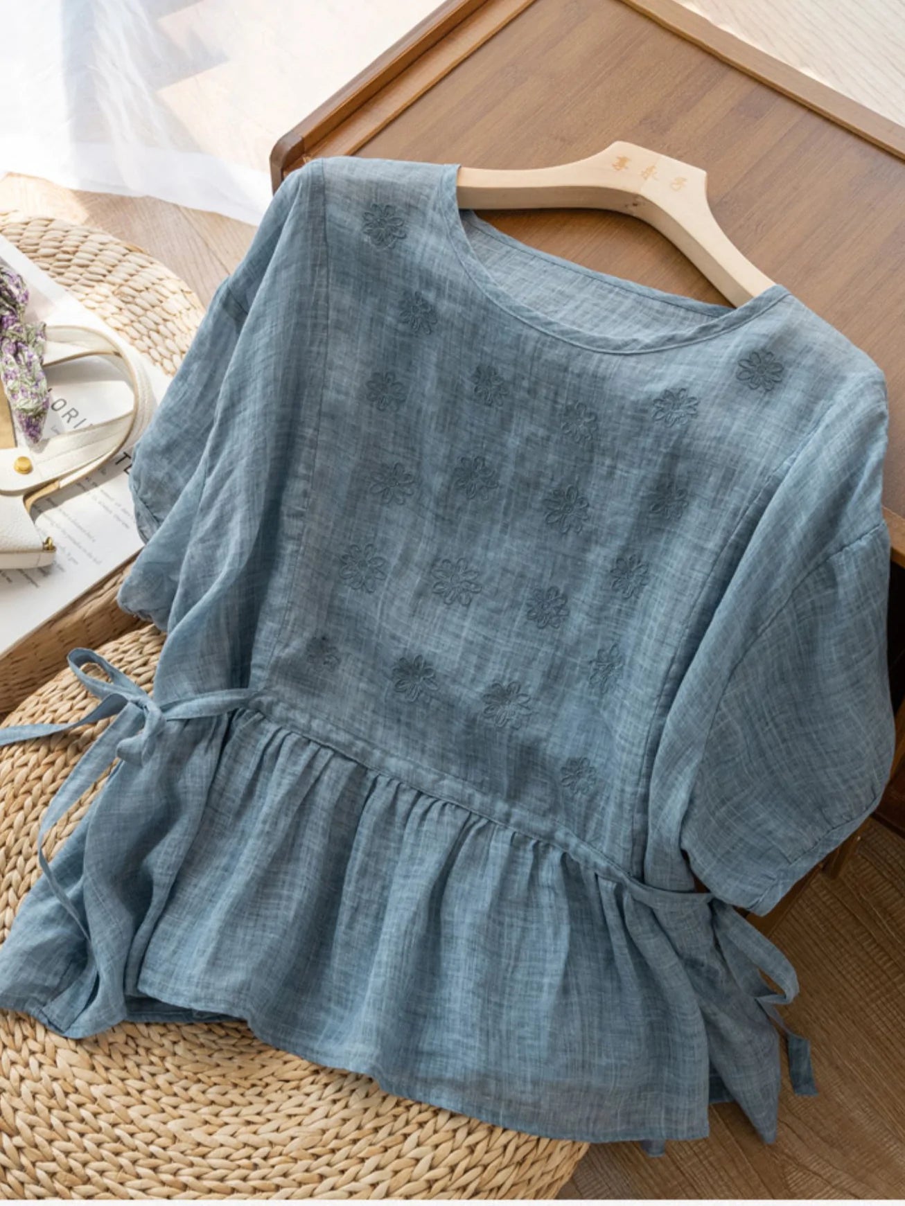 Embroidered Crew Neck Half Sleeve Casual Linen Top