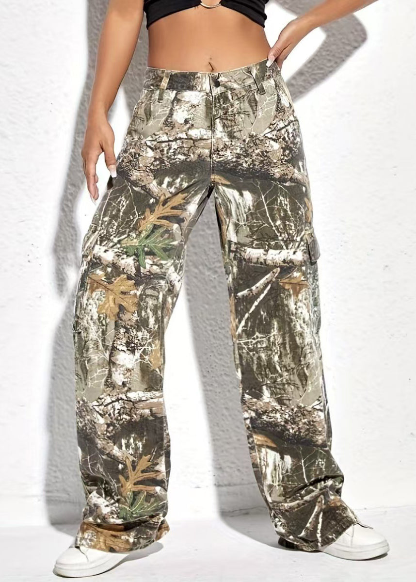 Casual Print Pockets High Waist Cotton Pants Spring