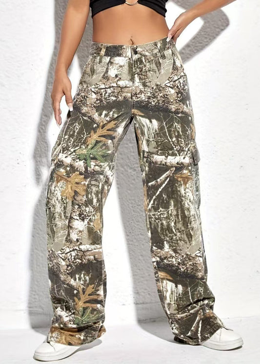 Casual Print Pockets High Waist Cotton Pants Spring