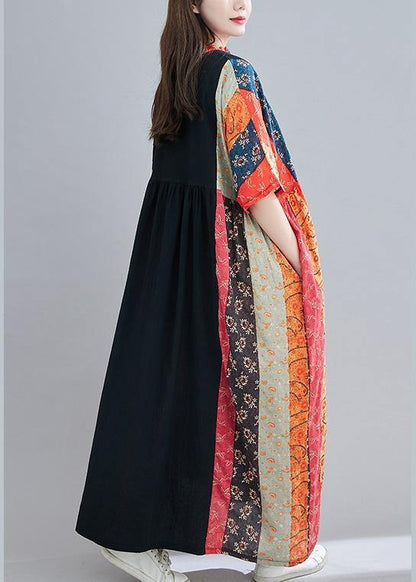 DIY Red Print Tunic V Neck Patchwork  Spring Dresses