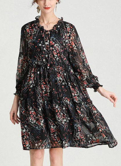 Beautiful Black Yellow Print Bow Party Summer Chiffon Dress