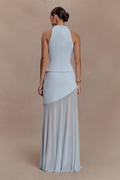 Light Blue Halter Neck Waist-Cinched Asymmetrical Chiffon Maxi Dress | Luxury Elegant Evening Gown