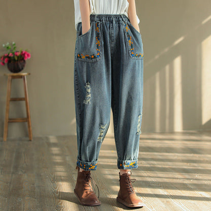 Vintage Ripped Embroidered Denim Harem Pants