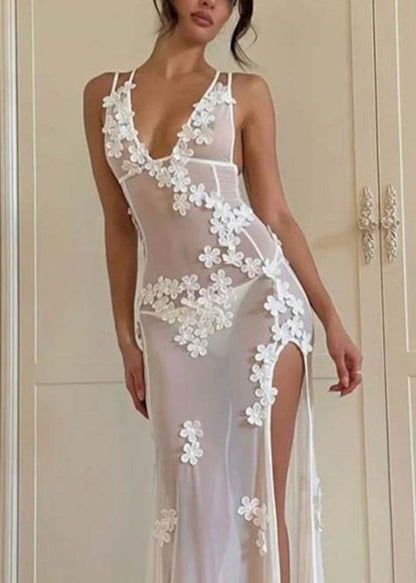 Sexy White Strapless Bikini Flower Side Open Long Swimwear Dresses