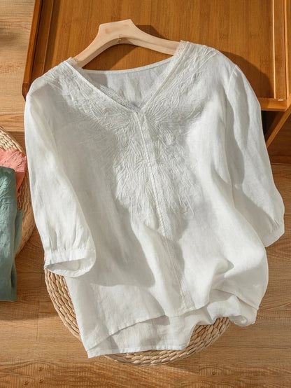 Embroidered V Neck 3/4 Sleeve Casual Linen Tee Top