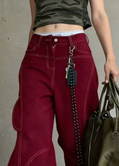 Vintage Red Pockets High Waist Cotton Wide Leg Pants Spring