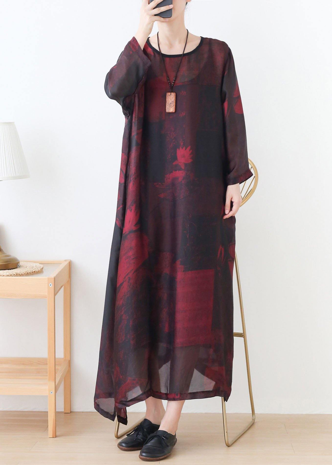 Natural Red Print Chiffon O-Neck Summer Dresses