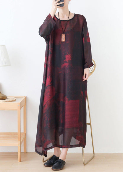 Natural Red Print Chiffon O-Neck Summer Dresses