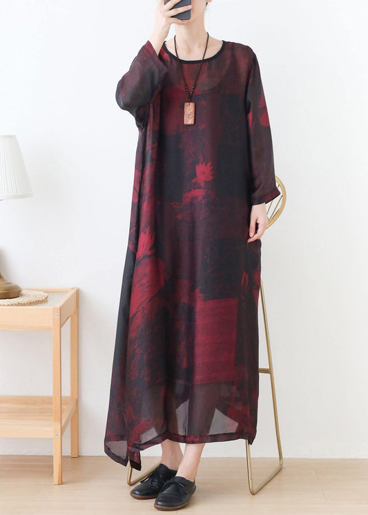 Natural Red Print Chiffon O-Neck Summer Dresses
