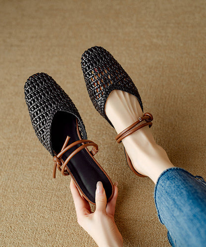 Bohemian Beige Woven Hollow Out Breathable Slide Sandals