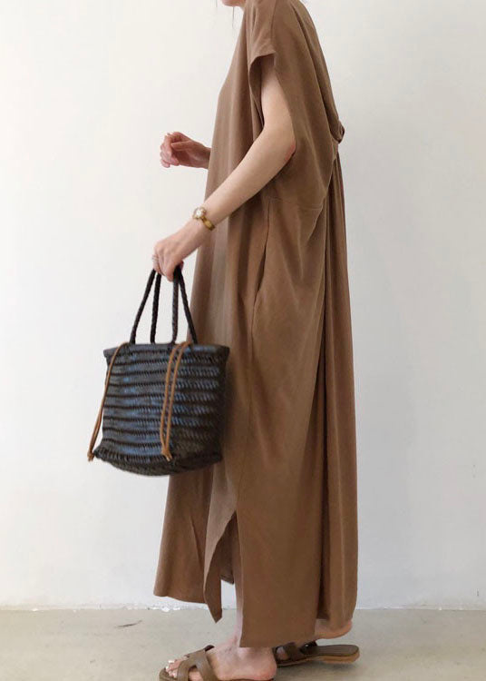Elegant Coffee Side Open Cotton Short Sleeve Long Dresses
