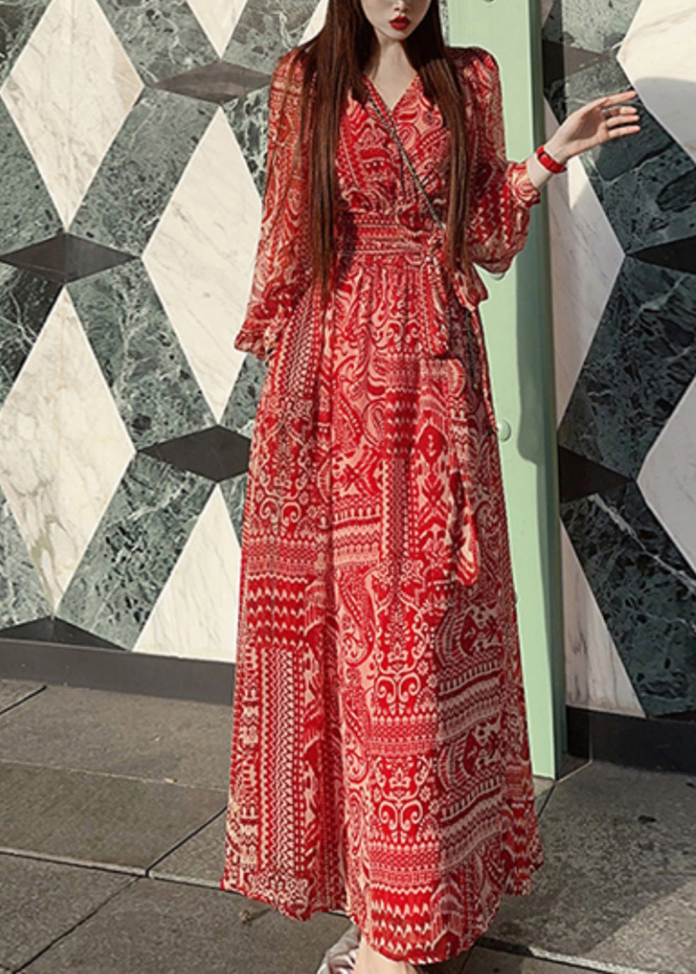 Bohemian Red Print Tie Waist Vacation Long Dresses Spring