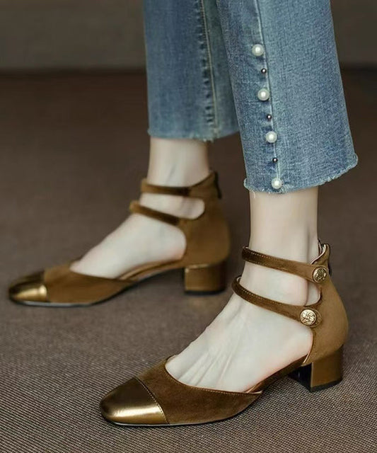 Women Champagne Velour Splicing Cowhide Leather Chunky Sandals