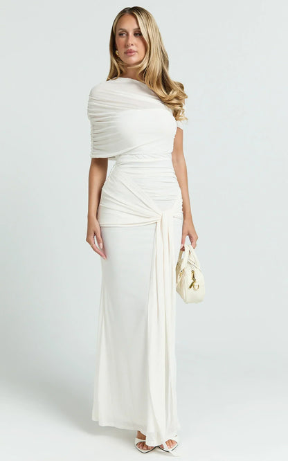 Nicolette Maxi Dress - Cape Sleeve Off Shoulder Dress In Cream