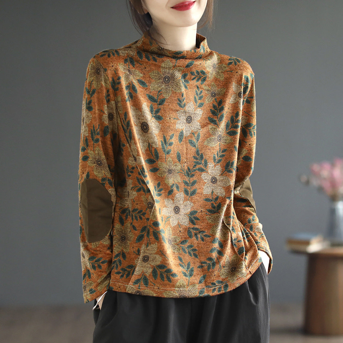Artistic Print Knitted Vintage Floral T-Shirt