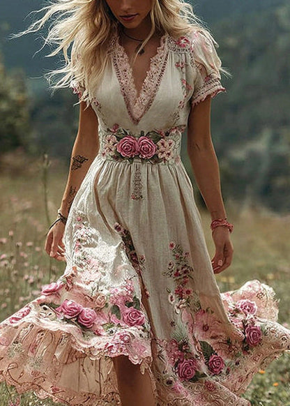 Beige Floral High Waist Patchwork Cotton Long Dress V Neck Summer