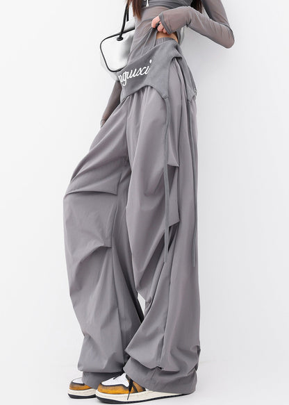 Chic Grey Pockets Wrinkled Cotton Wide Leg Pants Fall